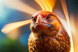 een dichtbij omhoog van een kip met helder licht. ai-gegenereerd foto
