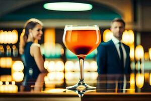 een Mens en vrouw in een bar met een glas van bier. ai-gegenereerd foto