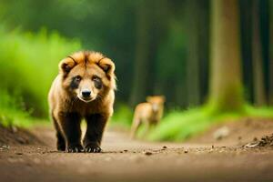 een bruin beer wandelen Aan een aarde weg. ai-gegenereerd foto