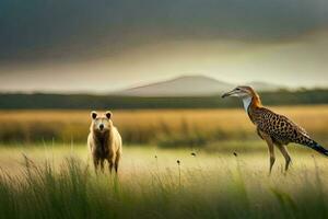 een vogel en een beer staand in een veld. ai-gegenereerd foto