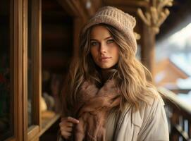 mooi winter vrouw staand Aan een houten veranda foto