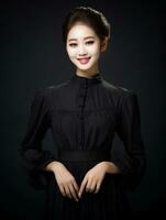 glimlachen jong vrouw van Aziatisch afdaling gekleed in elegant jurk ai generatief foto