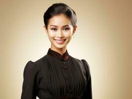 glimlachen jong vrouw van Aziatisch afdaling gekleed in elegant jurk ai generatief foto