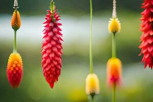 rood en geel bloemen hangende van snaren. ai-gegenereerd foto