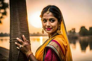 een mooi Indisch vrouw in een sari poses voor de camera. ai-gegenereerd foto