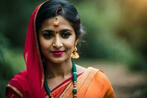een mooi Indisch vrouw in een sari. ai-gegenereerd foto