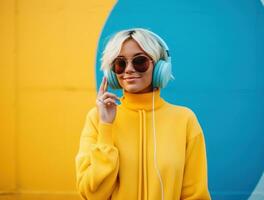 een jong dame poseren met hoofdtelefoons in blauw achtergrond foto