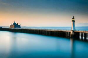 een lang blootstelling foto van een vuurtoren Aan de pier. ai-gegenereerd