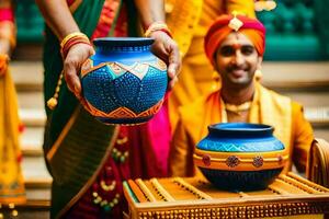 een Mens en vrouw in Indisch kleding Holding een pot. ai-gegenereerd foto