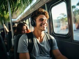 jong Mens met hoofdtelefoons spelen muziek- Aan een telefoon Bij bus onderdak in straat foto