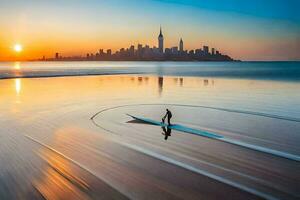 een Mens is staand Aan een surfboard in de water Bij zonsondergang. ai-gegenereerd foto