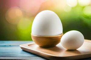 twee eieren Aan een houten dienblad met een wazig achtergrond. ai-gegenereerd foto