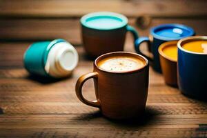 koffie cups Aan een houten tafel. ai-gegenereerd foto