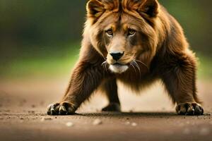 een leeuw is wandelen Aan de weg. ai-gegenereerd foto