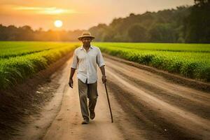 een Mens wandelen naar beneden een aarde weg in een veld. ai-gegenereerd foto