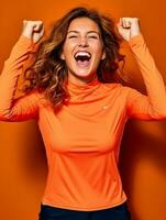 jong Europese vrouw gekleed in sportkleding duidelijk actief en vol van energie ai generatief foto