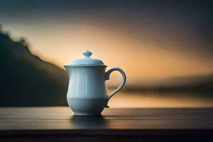 een wit koffie pot zit Aan een tafel in voorkant van een meer. ai-gegenereerd foto
