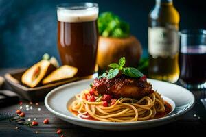 spaghetti met vlees en tomaat saus Aan een houten tafel. ai-gegenereerd foto