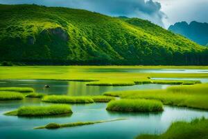 een rivier- in de midden- van een groen veld. ai-gegenereerd foto