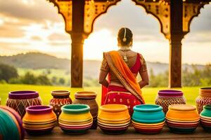 een vrouw in een Indisch sari is staand in voorkant van kleurrijk potten. ai-gegenereerd foto