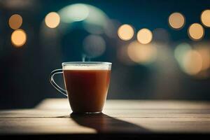 een kop van koffie Aan een tafel in voorkant van een wazig achtergrond. ai-gegenereerd foto