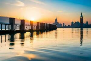 de zon sets over- de stad horizon in Venetië. ai-gegenereerd foto