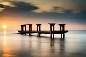 een pier in de oceaan met een zonsondergang. ai-gegenereerd foto