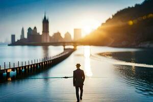 een Mens in een hoed is wandelen langs een pier met een stad in de achtergrond. ai-gegenereerd foto