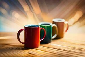 drie kleurrijk koffie mokken Aan een houten tafel. ai-gegenereerd foto