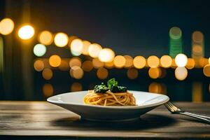 spaghetti in een wit bord Aan een houten tafel. ai-gegenereerd foto