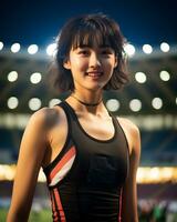 mooi glimlachen Aziatisch meisje atleet in sport- arena ai generatief foto