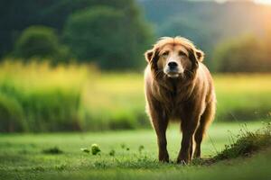 een gouden retriever is staand in de gras. ai-gegenereerd foto