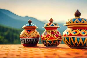 drie kleurrijk keramisch potten zittend Aan een houten tafel. ai-gegenereerd foto