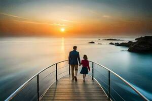 een Mens en een kind wandelen Aan een pier Bij zonsondergang. ai-gegenereerd foto