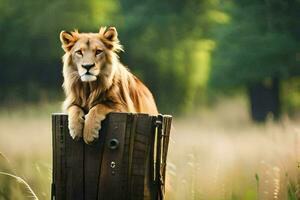 een leeuw is zittend Aan top van een houten na. ai-gegenereerd foto