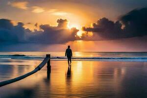 een Mens wandelen Aan de strand Bij zonsondergang. ai-gegenereerd foto