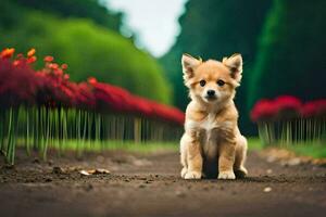 een puppy zittend Aan de grond in voorkant van rood bloemen. ai-gegenereerd foto