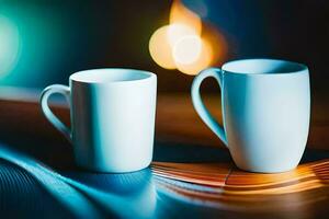 twee koffie cups Aan een tafel met wazig lichten. ai-gegenereerd foto