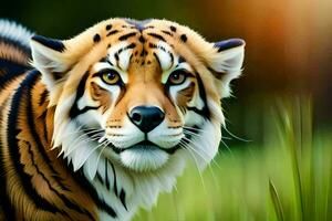 een tijger is op zoek Bij de camera in een veld. ai-gegenereerd foto