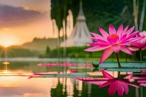 roze lotus bloem in de water Bij zonsondergang. ai-gegenereerd foto