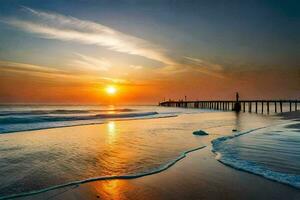 de zon sets over- de oceaan en pier. ai-gegenereerd foto