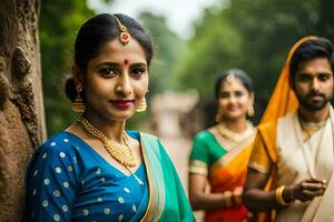 een vrouw in traditioneel Indisch kleding met twee andere Dames. ai-gegenereerd foto