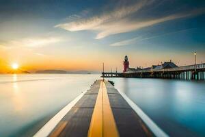 een lang blootstelling fotograaf van een pier Bij zonsondergang. ai-gegenereerd foto