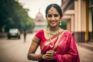 een vrouw in een sari poses voor een foto. ai-gegenereerd foto