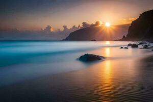 de zon stijgt over- de oceaan en rotsen Aan de strand. ai-gegenereerd foto