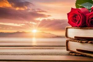 rozen Aan boeken met zonsondergang in de achtergrond. ai-gegenereerd foto