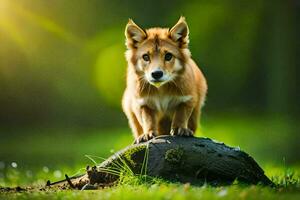 een hond staand Aan top van een log in de gras. ai-gegenereerd foto