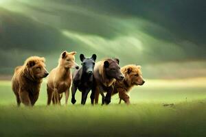 vier leeuwen en een paard wandelen in een veld. ai-gegenereerd foto