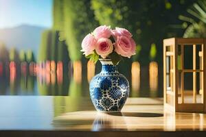 een vaas met roze rozen zittend Aan een tafel. ai-gegenereerd foto