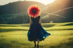 een vrouw in een blauw jurk wandelen door een veld- met een groot bloem Aan haar hoofd. ai-gegenereerd foto